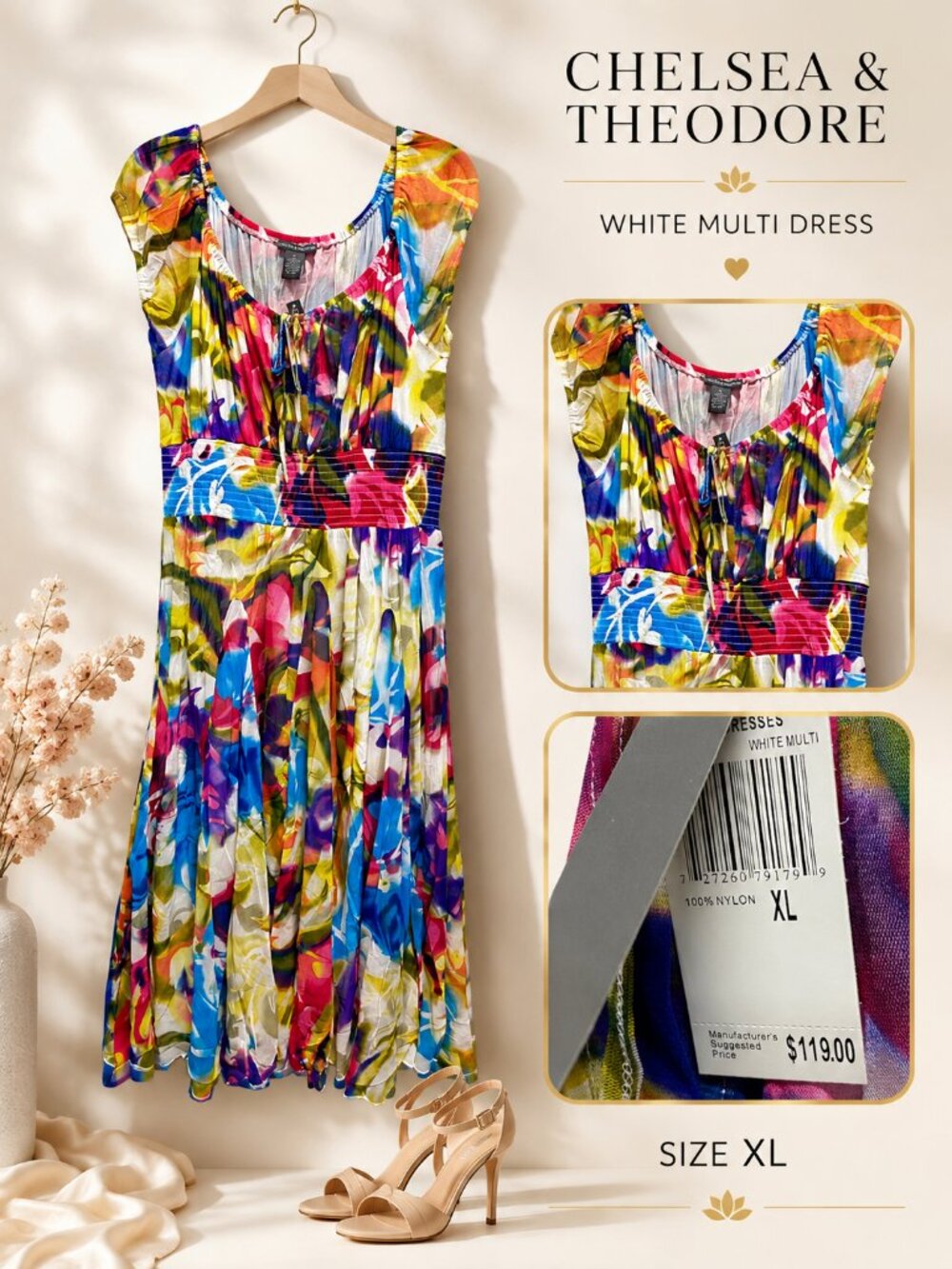 Chelsea & Theodore White Multi Print Dress Size XL Casual Workwear Dress